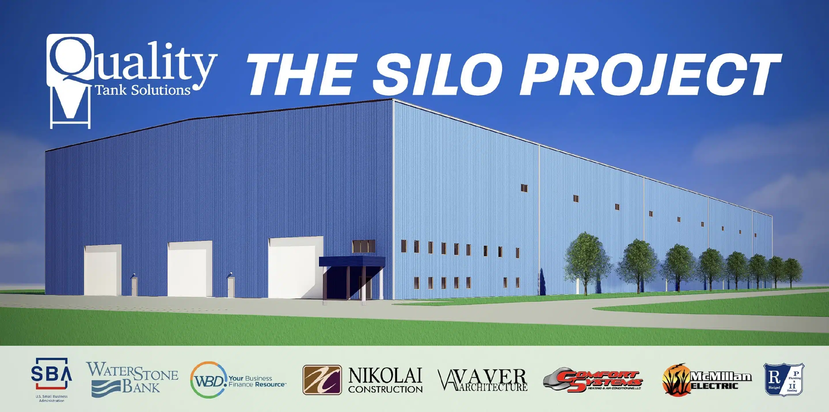 Rendering-with-partners Quality Tank Solutions Plant 3 The Silo Project Rendering of Completed Building Stainless Steel Manufacturing and Fabrication SBA Small Business Administration Water Stone Bank WBD Nikolai Construction and partners