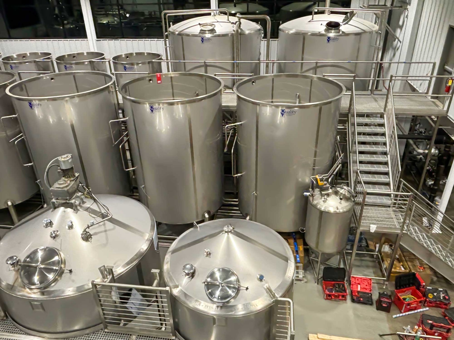 Large Brewhouse with open-top open-head brewing distilling stainless steel tanks